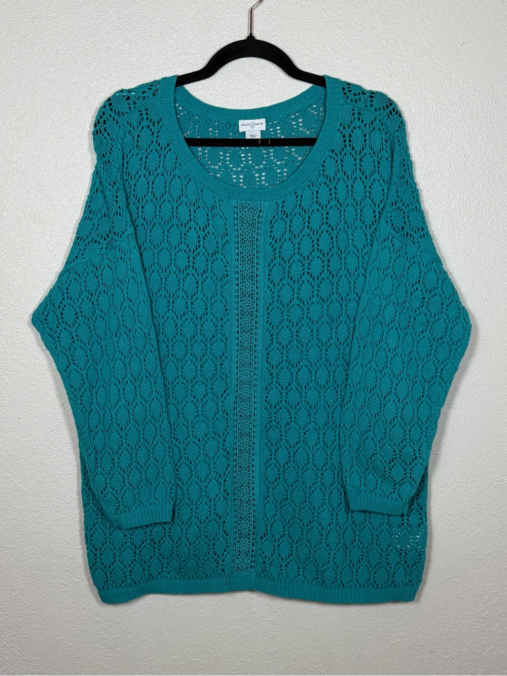 XXL Teal Cotton Pointelle Open-Knit Crochet Scoop Neck Pullover Sweater Coastal